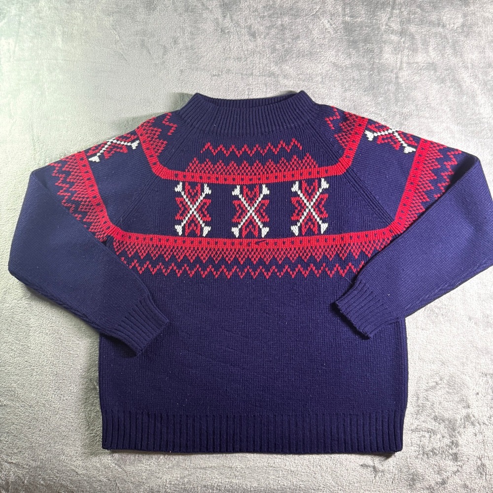 Vintage JCPenney Fair Isle Sweater Mens L Navy Blue Red Mock Neck Acrylic 0195